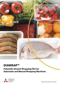 Verpackte Lebensmittel und DiaWrap Folie auf Tisch, Firmenlogo Mitsubishi Chemical Group