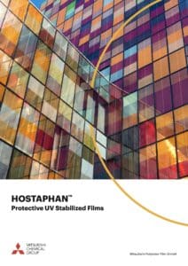 Farbiges Gebäude aus transparenten Quadraten mit Text "HOSTAPHAN™ Protective UV Stabilized Films"