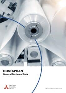Nahaufnahme einer Maschinenrolle mit glänzender Folie, darunter "HOSTAPHAN™ General Technical Data"