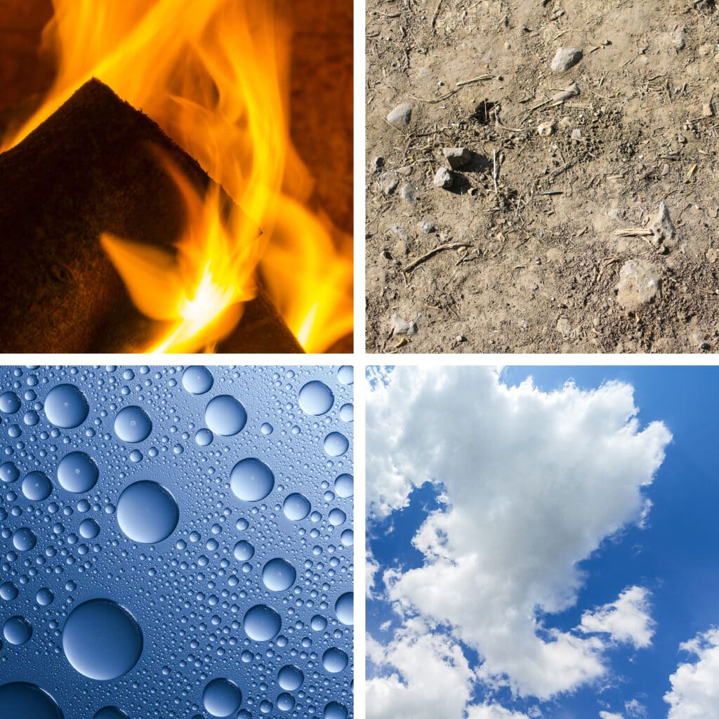 Vier Bilder in einer Collage: brennendes Holz, trockener Boden, Wassertröpfchen auf Glas und blauer Himmel mit verstreuten weißen Wolken.